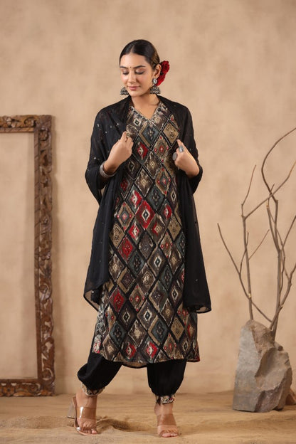 Black Floral Handworked Straight-Cut Kurta Set