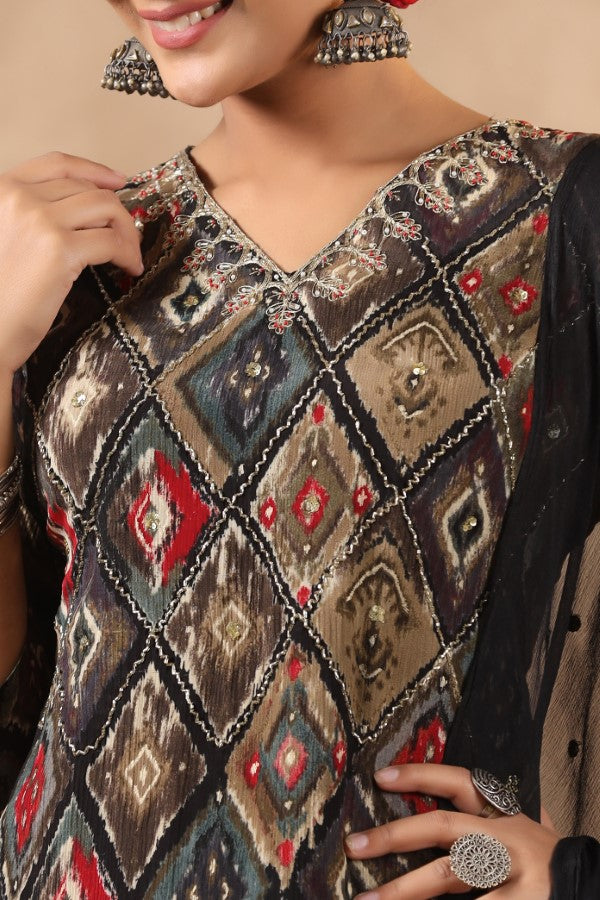Black Floral Handworked Straight-Cut Kurta Set