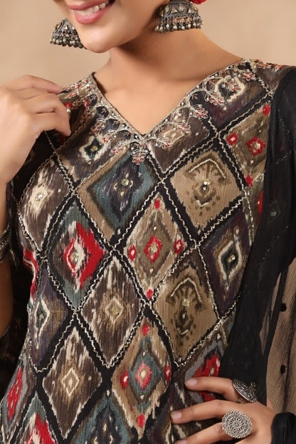 Black Floral Handworked Straight-Cut Kurta Set