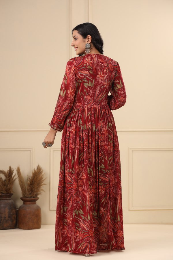 Maroon Floral Handworked Flair Gown