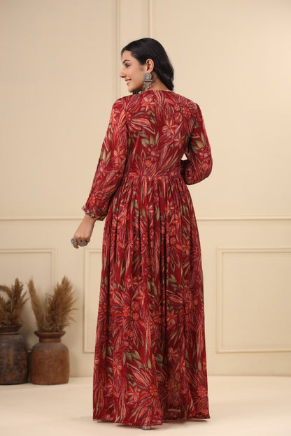 Maroon Floral Handworked Flair Gown