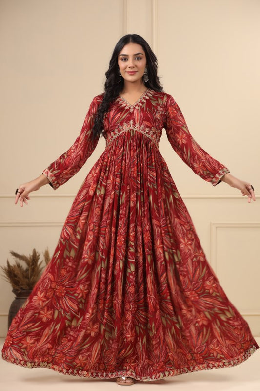 Maroon Floral Handworked Flair Gown