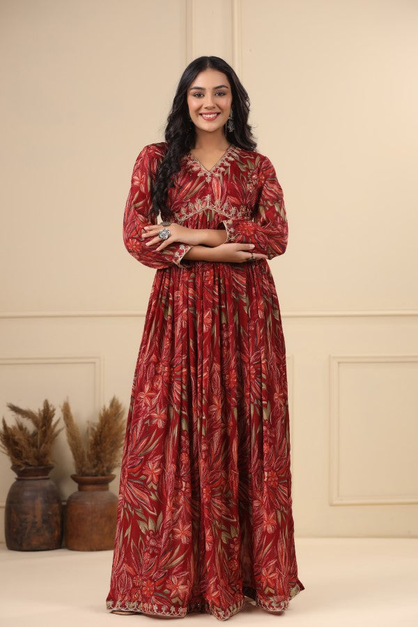 Maroon Floral Handworked Flair Gown