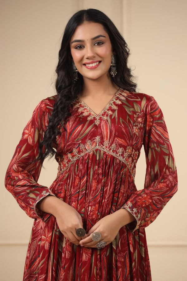 Maroon Floral Handworked Flair Gown