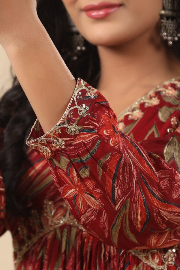 Maroon Floral Handworked Flair Gown