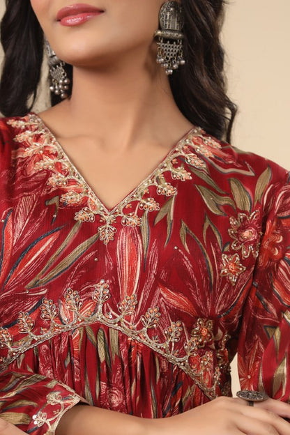 Maroon Floral Handworked Flair Gown