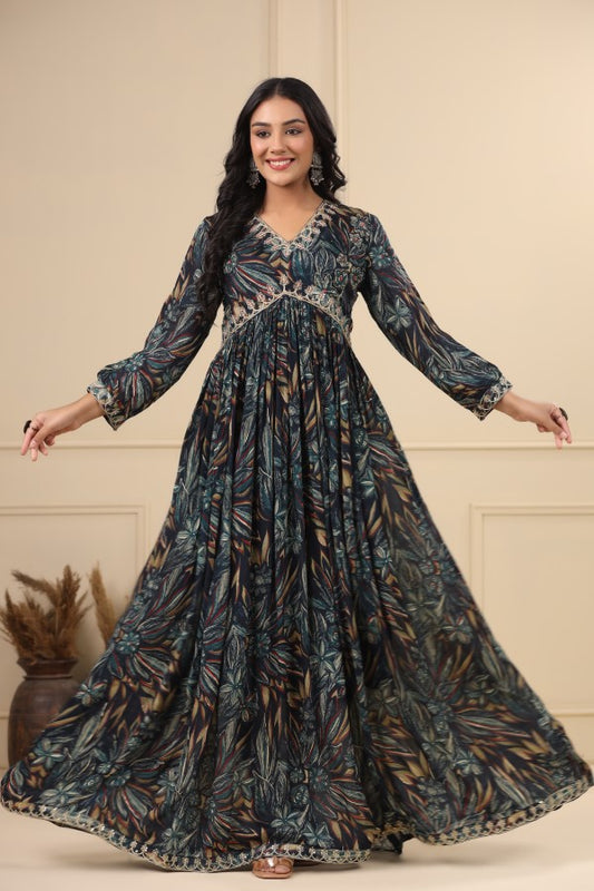 Navy Blue Floral Handworked Flair Gown