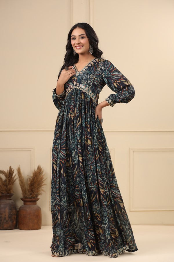 Navy Blue Floral Handworked Flair Gown