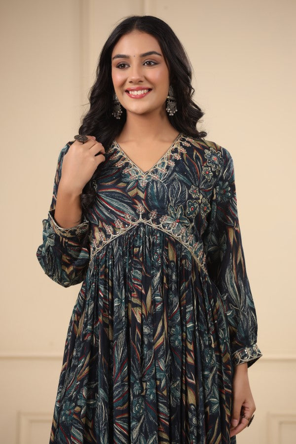 Navy Blue Floral Handworked Flair Gown