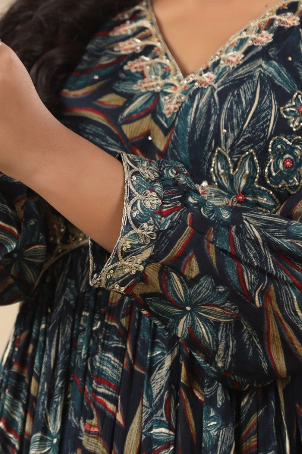 Navy Blue Floral Handworked Flair Gown