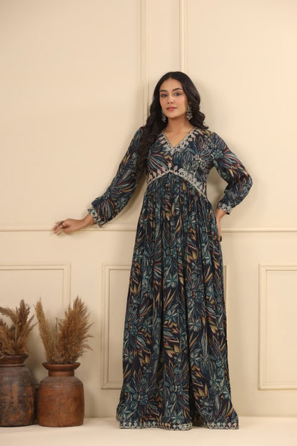 Navy Blue Floral Handworked Flair Gown