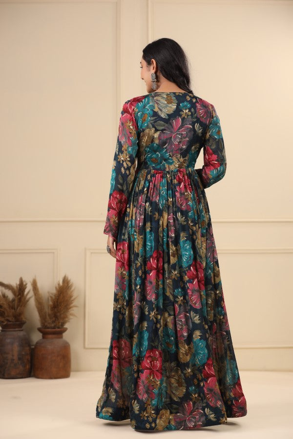 Blue Floral Handworked Flair Gown