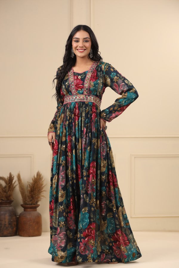 Blue Floral Handworked Flair Gown