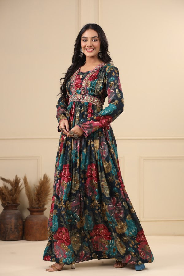Blue Floral Handworked Flair Gown