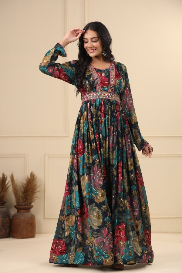 Blue Floral Handworked Flair Gown