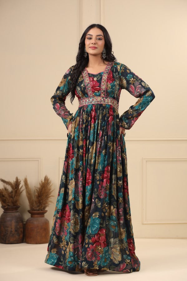 Blue Floral Handworked Flair Gown