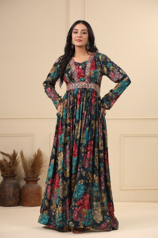 Blue Floral Handworked Flair Gown