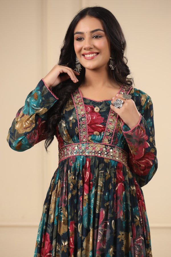 Blue Floral Handworked Flair Gown