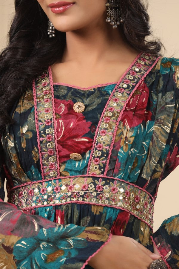 Blue Floral Handworked Flair Gown
