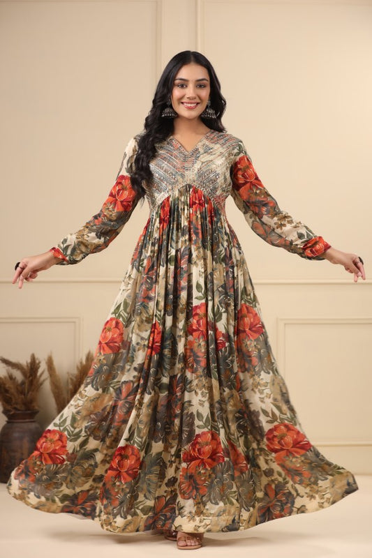 White Floral Embroidered Flair Gown