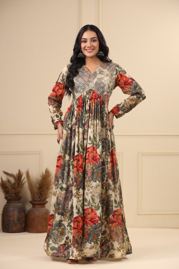 White Floral Embroidered Flair Gown