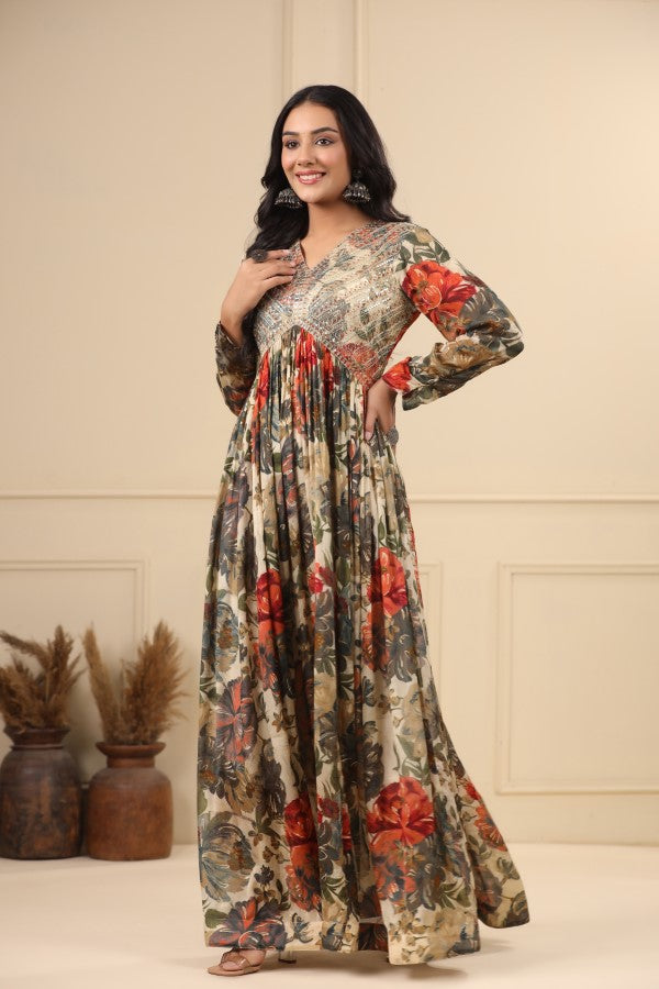 White Floral Embroidered Flair Gown