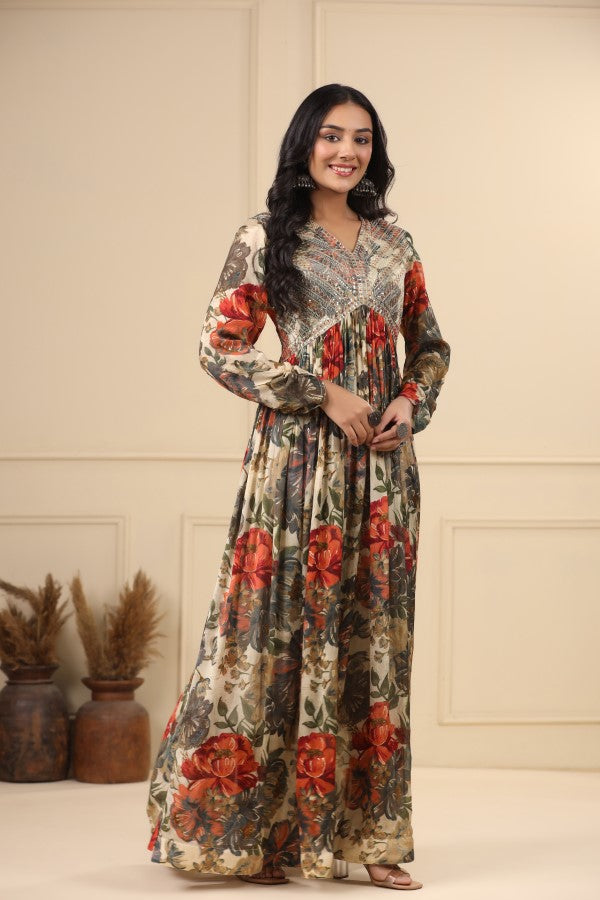 White Floral Embroidered Flair Gown