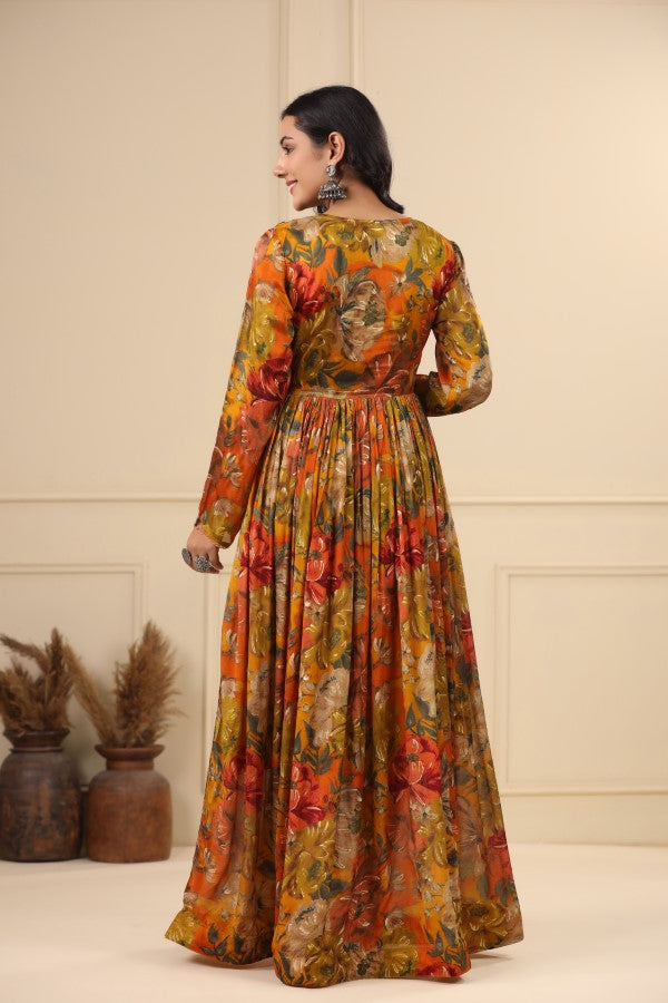 Orange Floral Handworked Flair Gown