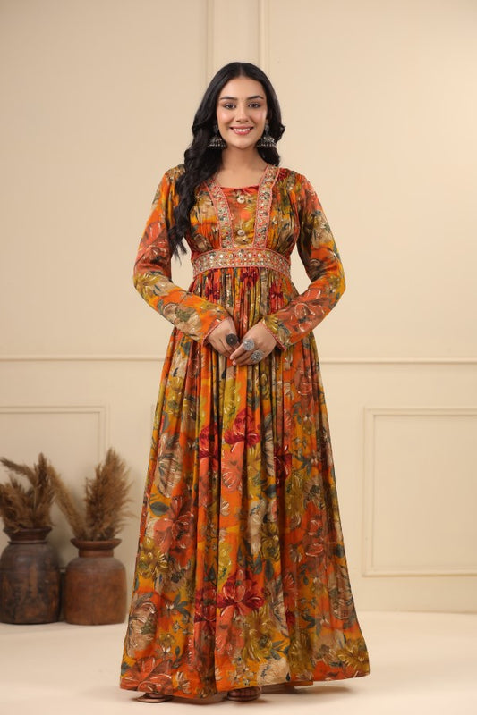 Orange Floral Handworked Flair Gown