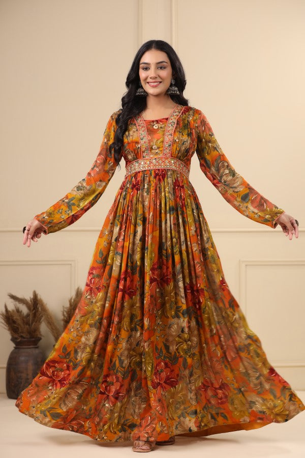 Orange Floral Handworked Flair Gown