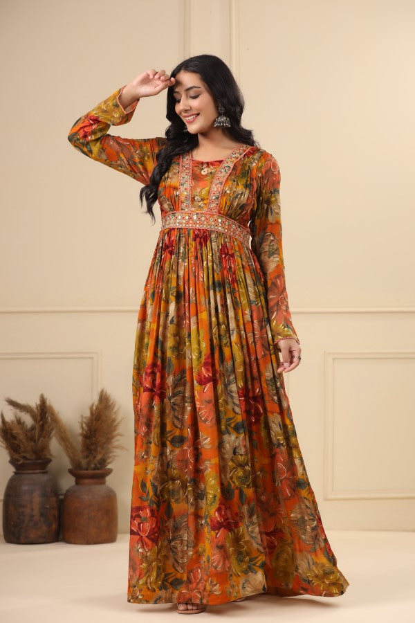 Orange Floral Handworked Flair Gown
