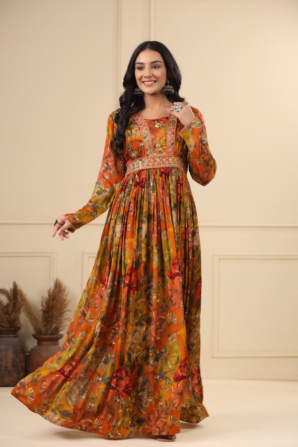 Orange Floral Handworked Flair Gown