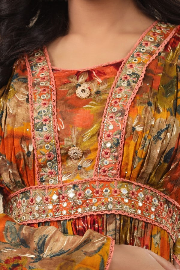 Orange Floral Handworked Flair Gown