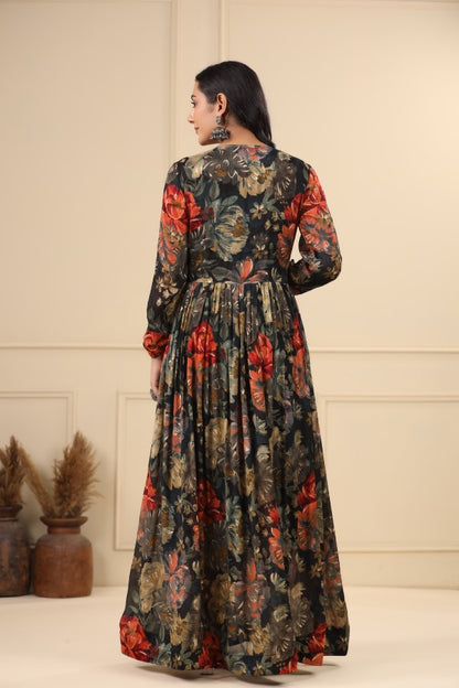 Black Floral Embroidered Flair Gown