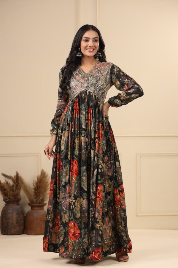 Black Floral Embroidered Flair Gown