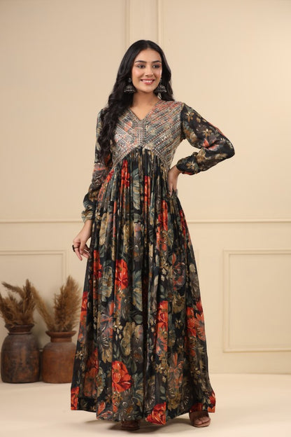 Black Floral Embroidered Flair Gown