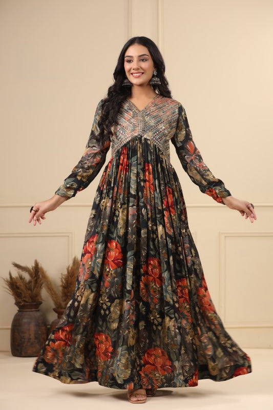 Black Floral Embroidered Flair Gown