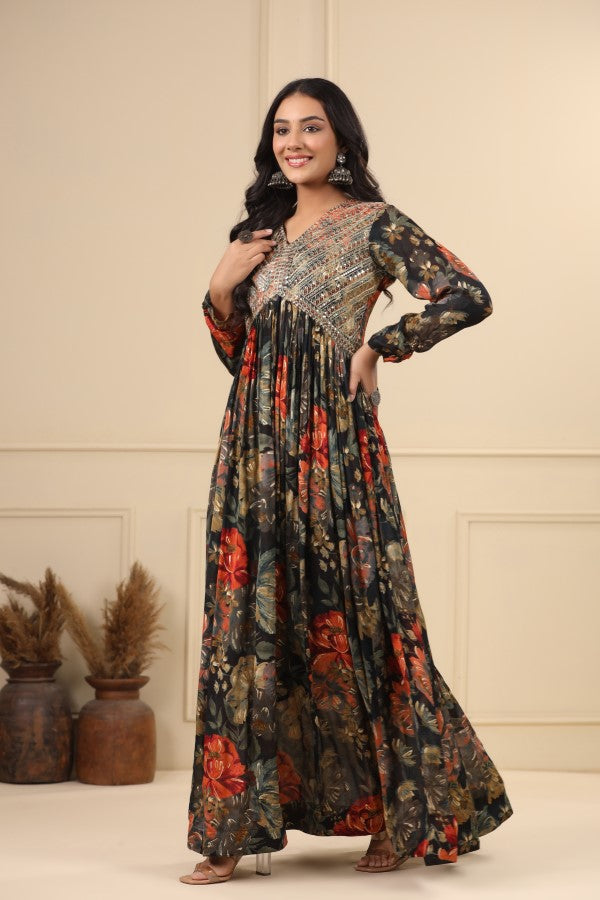 Black Floral Embroidered Flair Gown