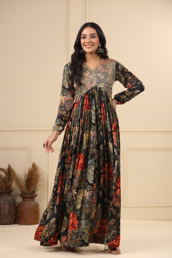 Black Floral Embroidered Flair Gown