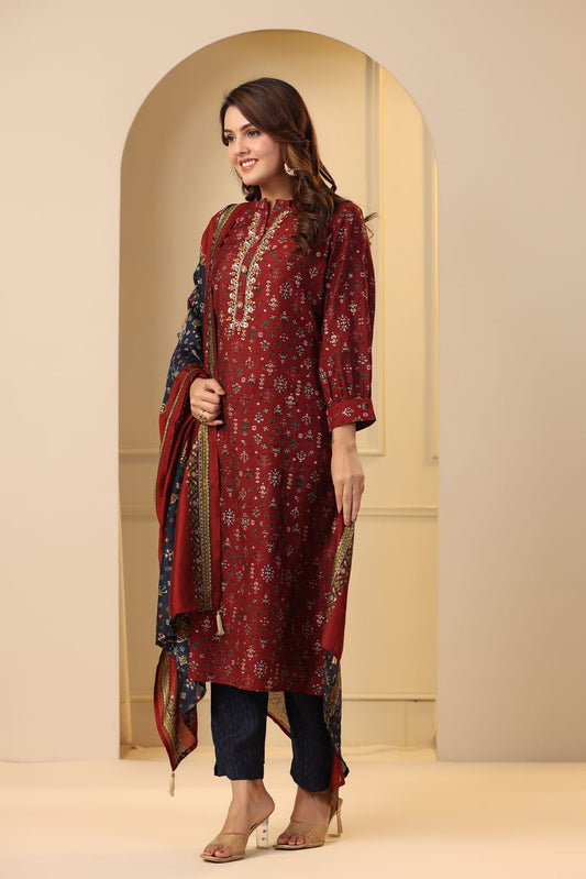 Maroon Plaquette Handworked Straight-Cut Kurta Suit Set