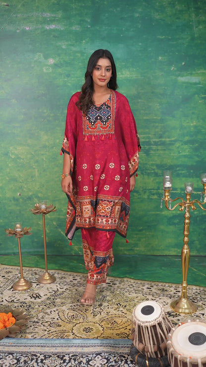 Pure Muslin Crimson Red Kaftan Set